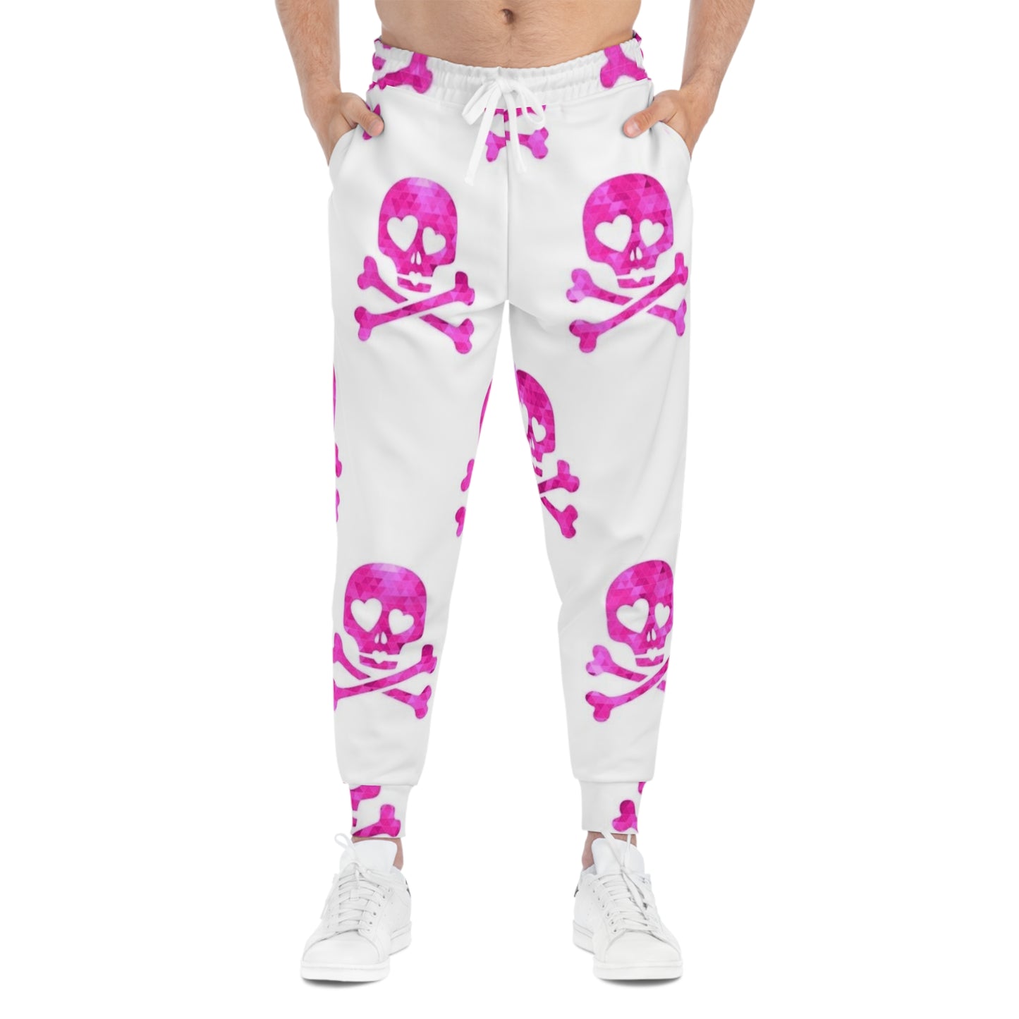Pink Heart Skull Joggers — Women’s Athletic Sweatpants with Funky Skull & Crossbones Pattern