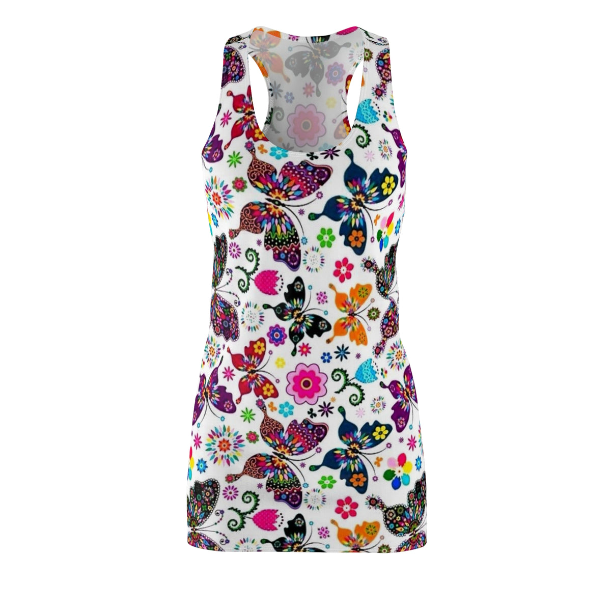 Butterfly Floral Racerback Dress — Colorful Boho All-Over Print