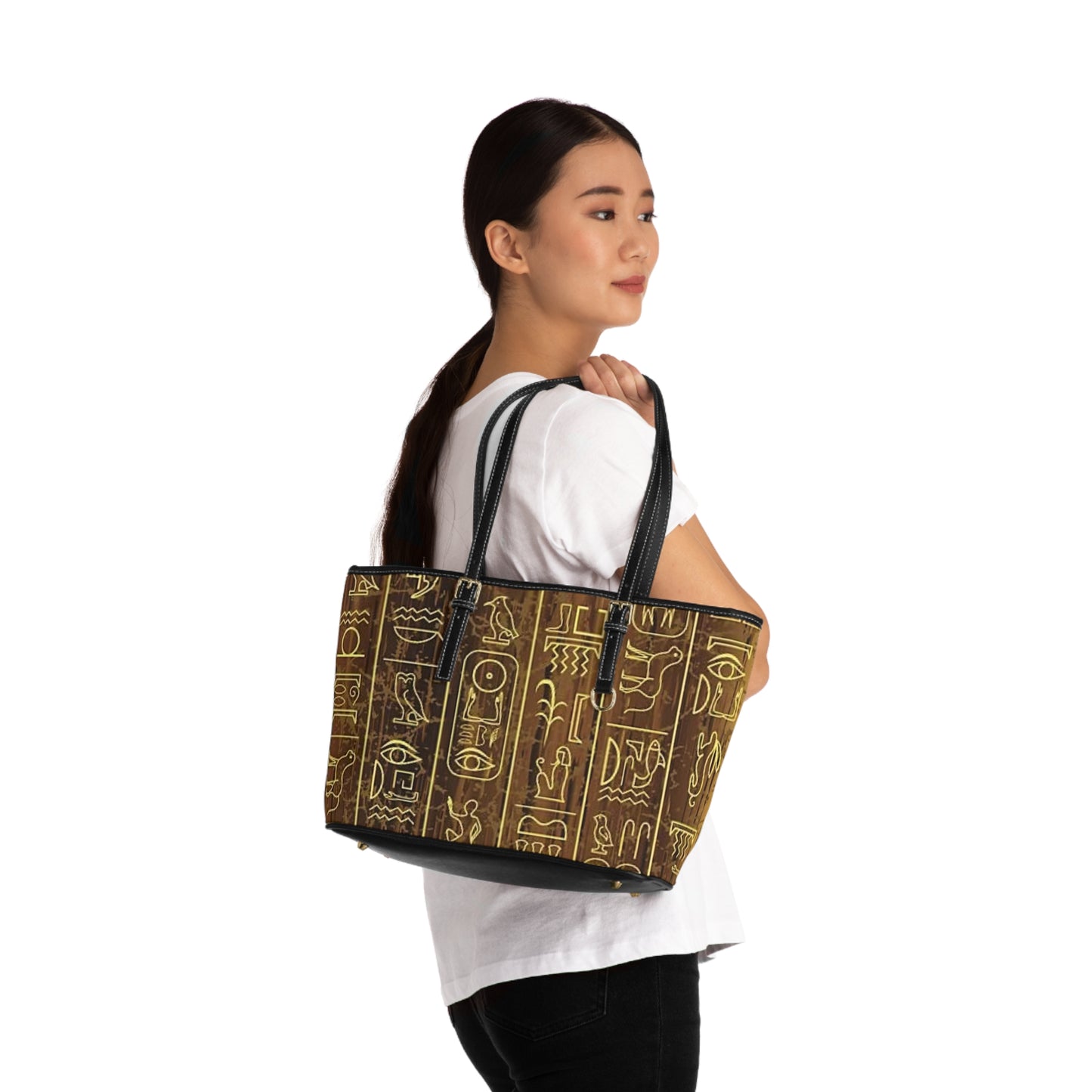 Ancient Egyptian PU Leather Shoulder Bag - Stylish Tote with Hieroglyphic Design