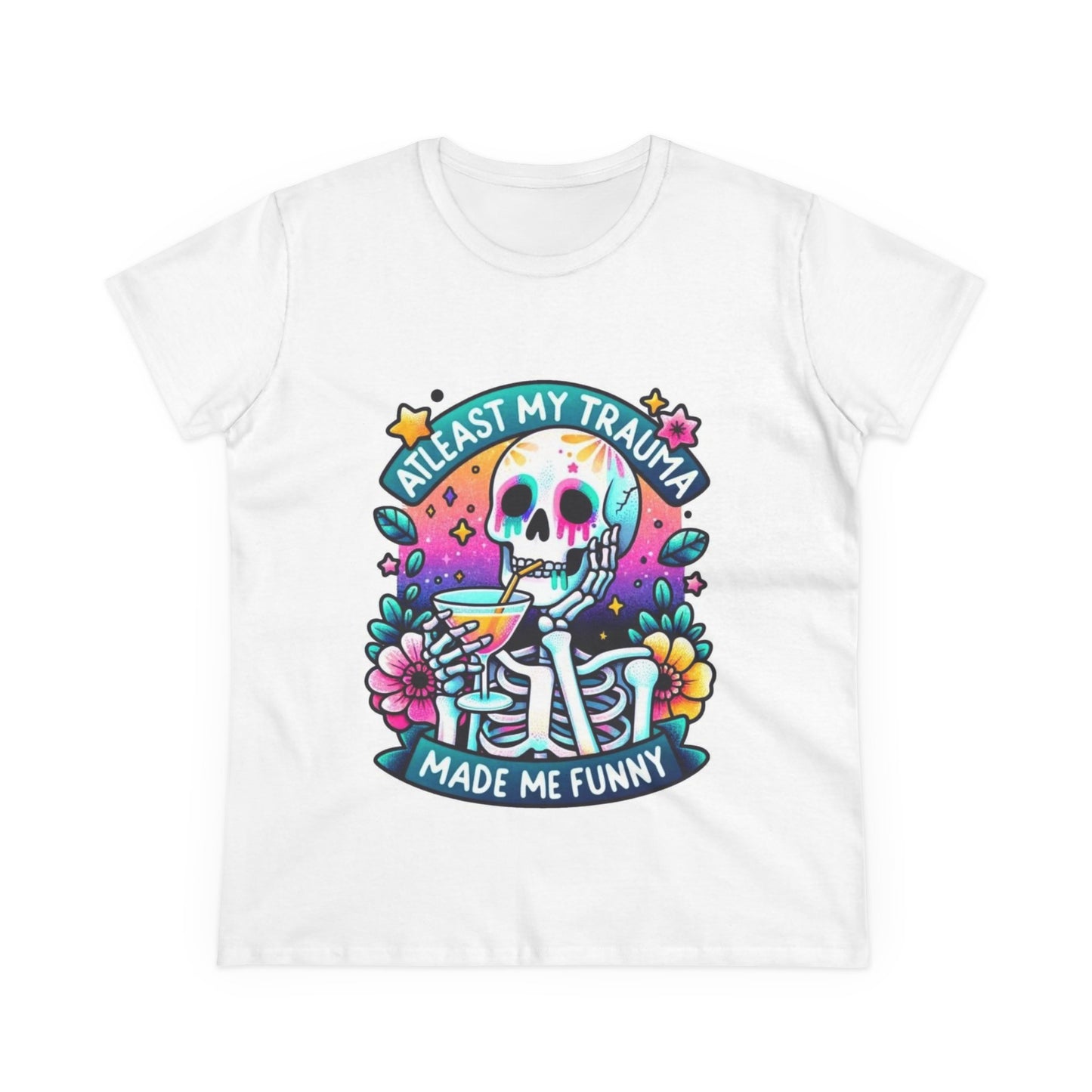 Funny Trauma Skeleton Tee – Women's Midweight Cotton Shirt, Casual Tee, Humorous Top, Gift for Friends, Birthday Gift, Quirky Apparel