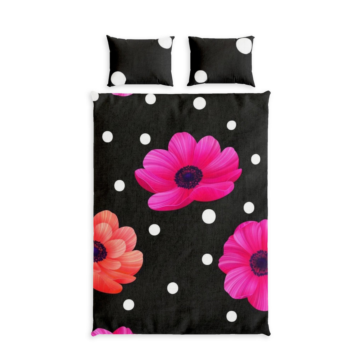 Floral Polka Dot Cotton Bed Set — Pink Gerbera Flowers on Black