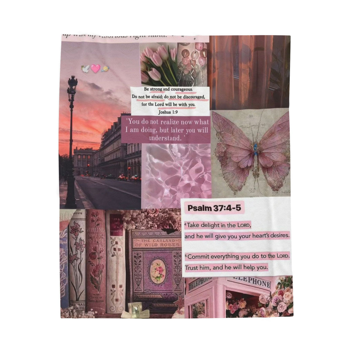Velveteen Plush Blanket — Pink Vintage Butterfly Collage with Psalm 37:4-5