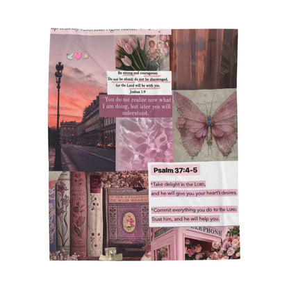 Velveteen Plush Blanket — Pink Vintage Butterfly Collage with Psalm 37:4-5