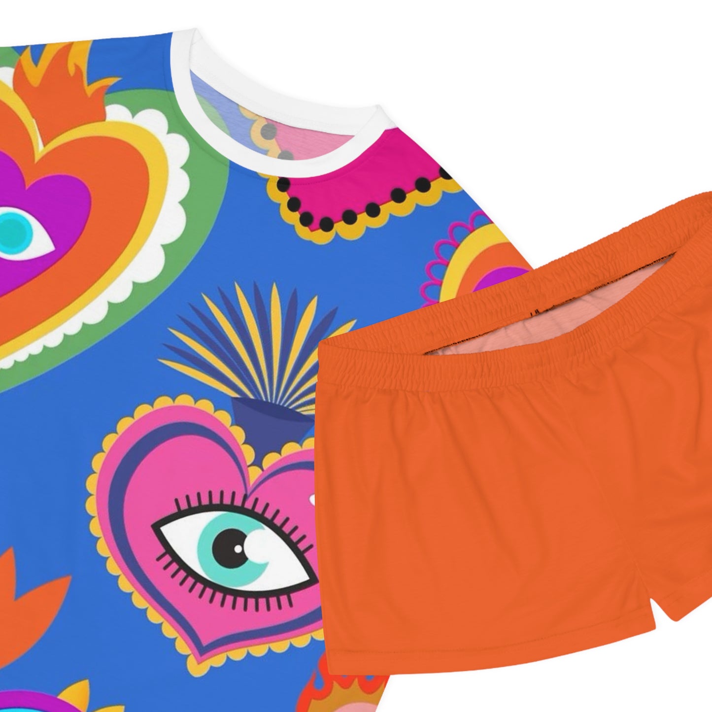 Vibrant “Evil Eye” Women's Short Pajama Set with Colorful Heart Designs
