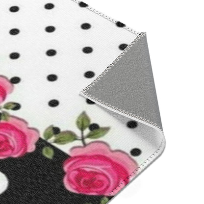 Polka Dot Rose Area Rug — Black & White Vintage Floral Accent Rug