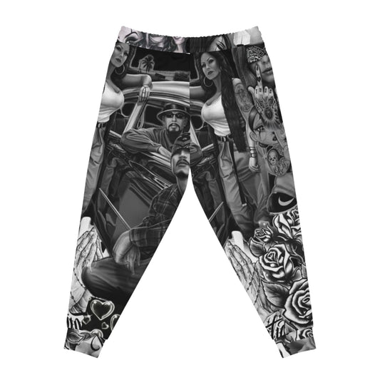 Chicano Street Art Joggers — Black & White Lowrider Tattoo AOP Athletic Pants