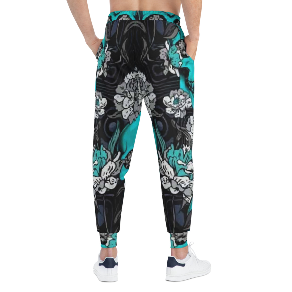 Teal Skull Floral Joggers — Gothic Athletic Pants with All-Over Print