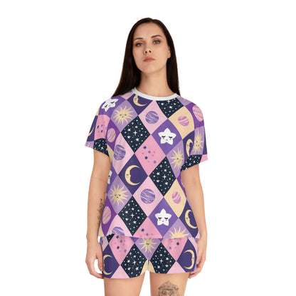 Celestial Dreams Women's Short Pajama Set - Cozy Sleepwear with Sun and Moon Design