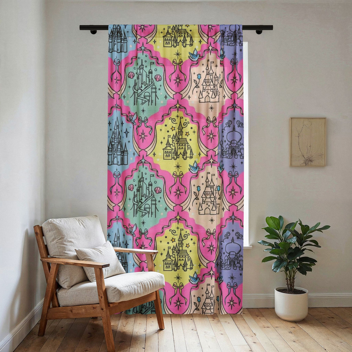 Sheer Curtain - Pastel Castle Pattern Window Panel for Kids’ Room, Princess Nursery Decor