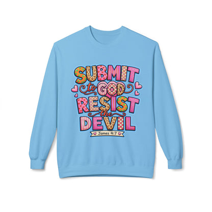Crewneck Sweatshirt — "Submit to God, Resist the Devil" Colorful Faith Graphic