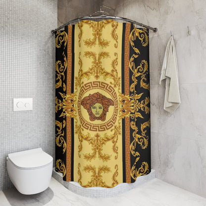 Baroque Medusa Shower Curtain — Gold Greek Key Luxury Bath Decor