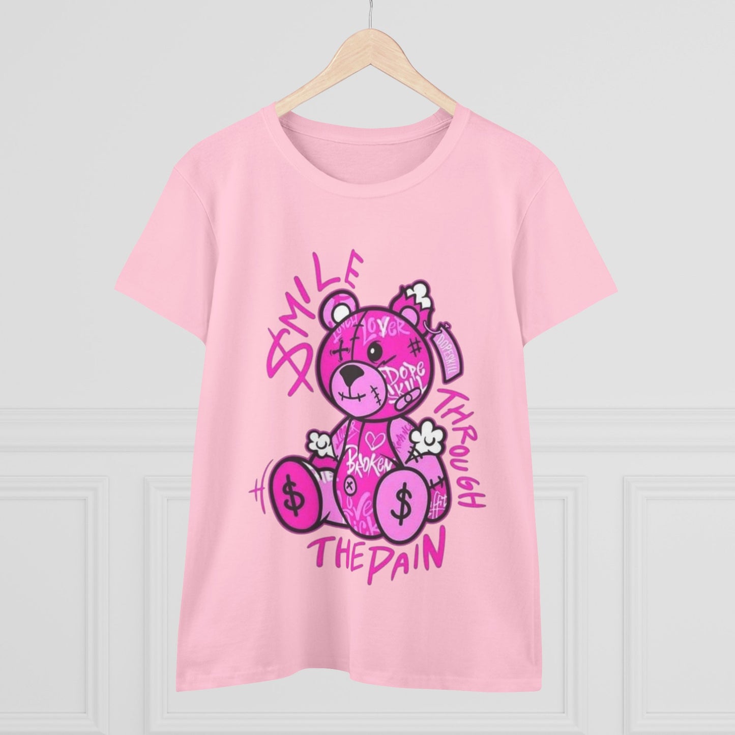 Smile Through The Pain Teddy Bear Tee — Pink Graphic Women's Cotton Shirt