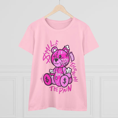 Smile Through The Pain Teddy Bear Tee — Pink Graphic Women's Cotton Shirt