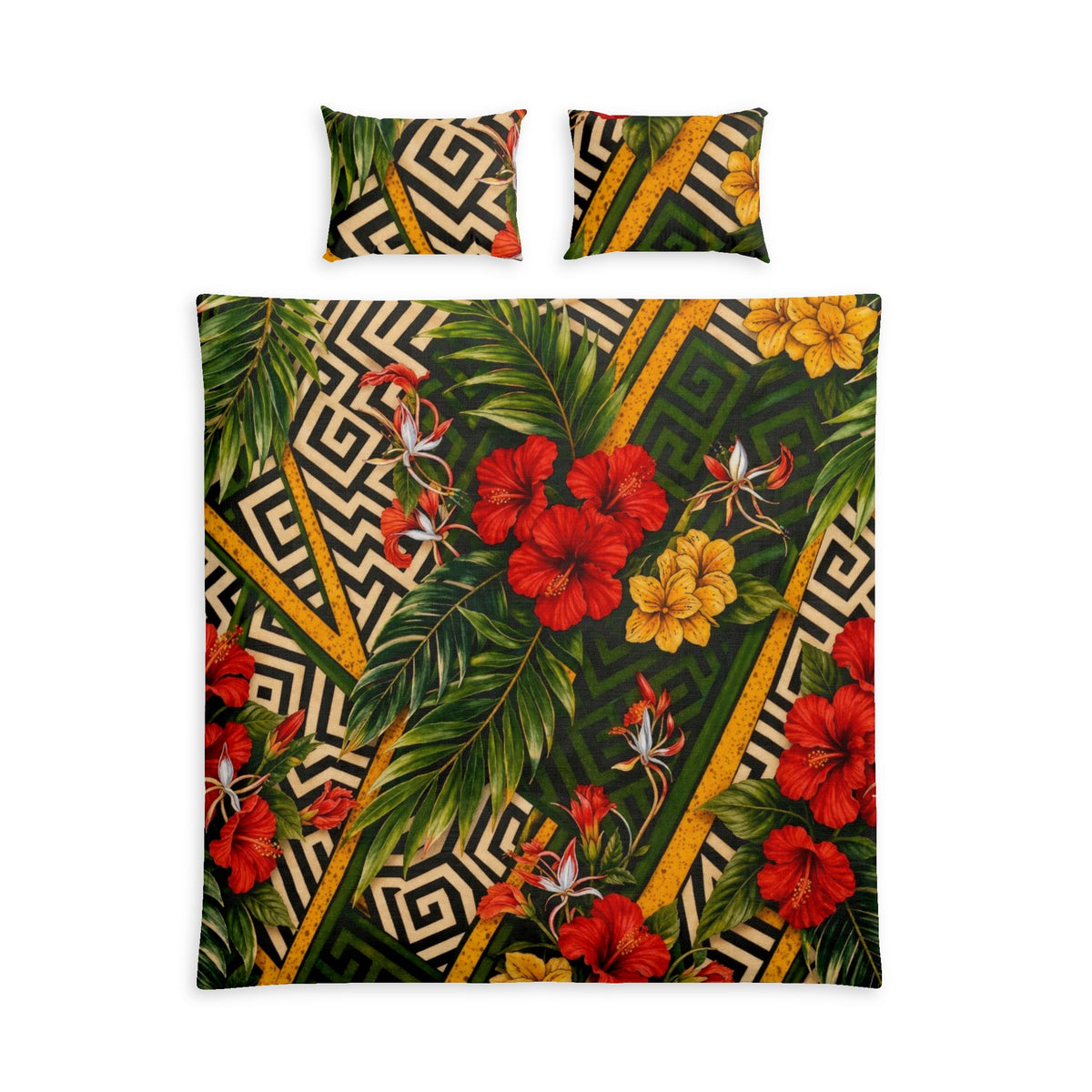 Tropical Hibiscus Cotton Bed Set — Floral Palm Duvet Cover & Pillowcases