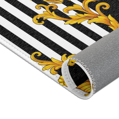 Baroque Gold Scroll Area Rug — Black & White Striped Medallion Accent Rug