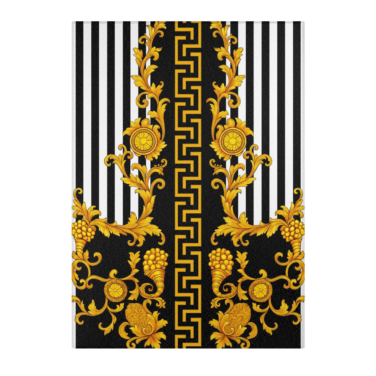 Baroque Gold Scroll Area Rug — Black & White Striped Medallion Accent Rug
