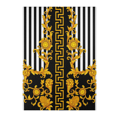 Baroque Gold Scroll Area Rug — Black & White Striped Medallion Accent Rug