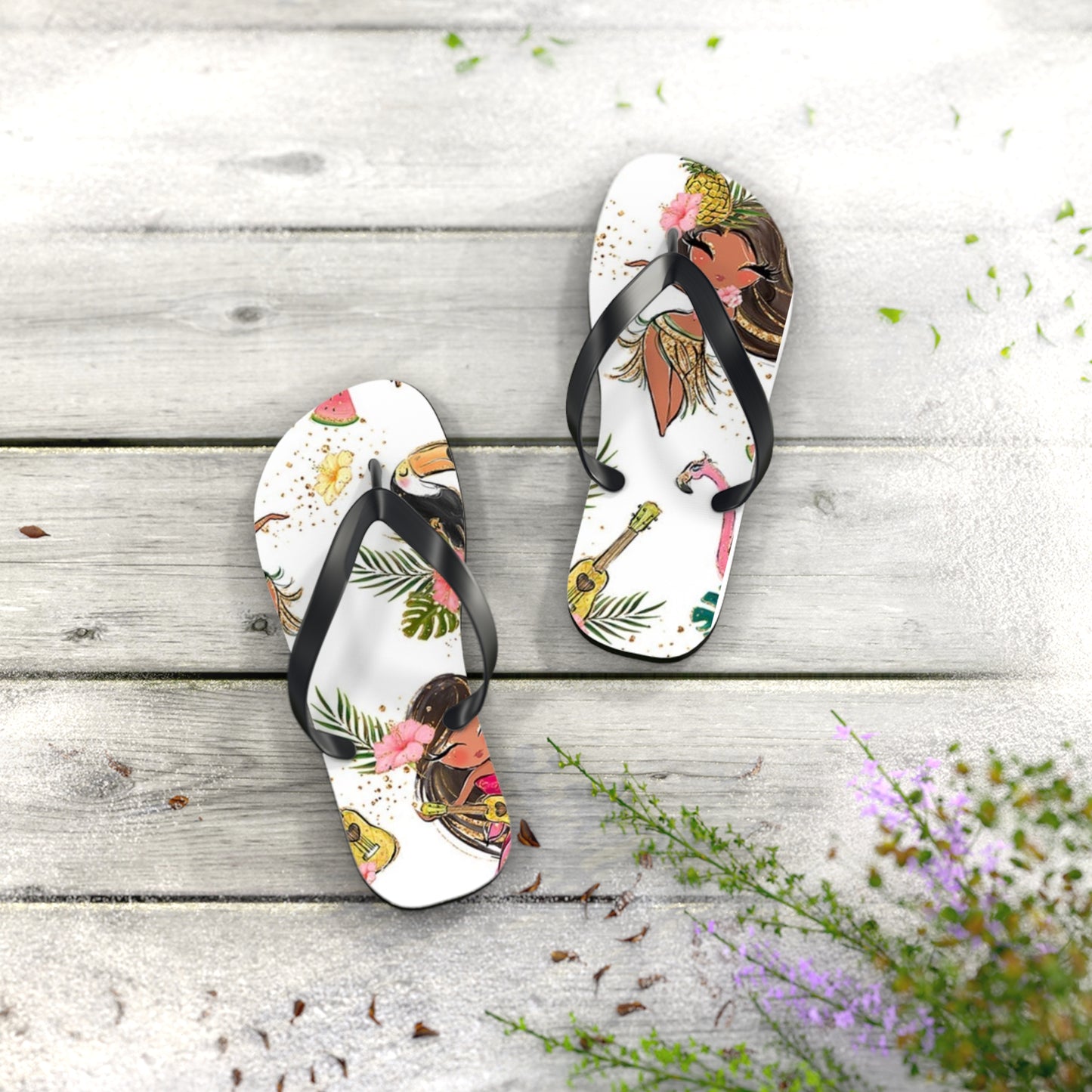 Tropical Vibe Flip-Flops mit Gitarre und tropischem Print