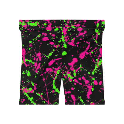 Vibrant Neon Splash Biker Shorts for Active Women - Neon Pink & Green Design