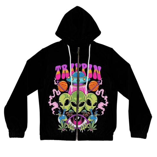 Trippin' Aliens Zip Hoodie - Psychedelic UFO Graphic Women's Jacket