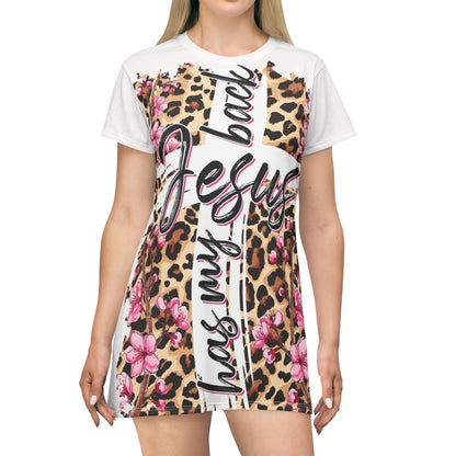 Jesus Has My Back Leopard Floral T-Shirt Dress — Christian Faith Graphic Dress