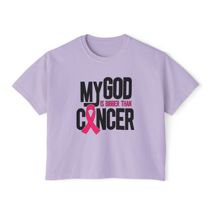Boxy Tee — "My God Is Bigger Than Cancer" Pink Ribbon Breast Cancer Awareness Shirt