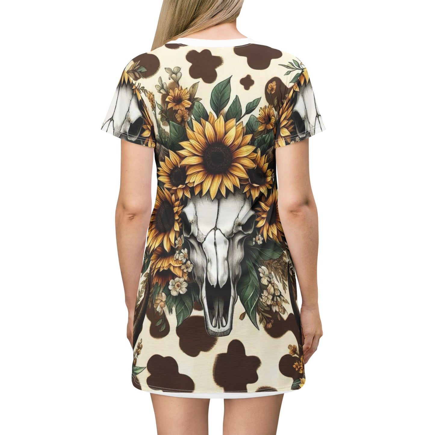 Western Style T-Shirt Dress with Bull Horns and Sunflowers Design