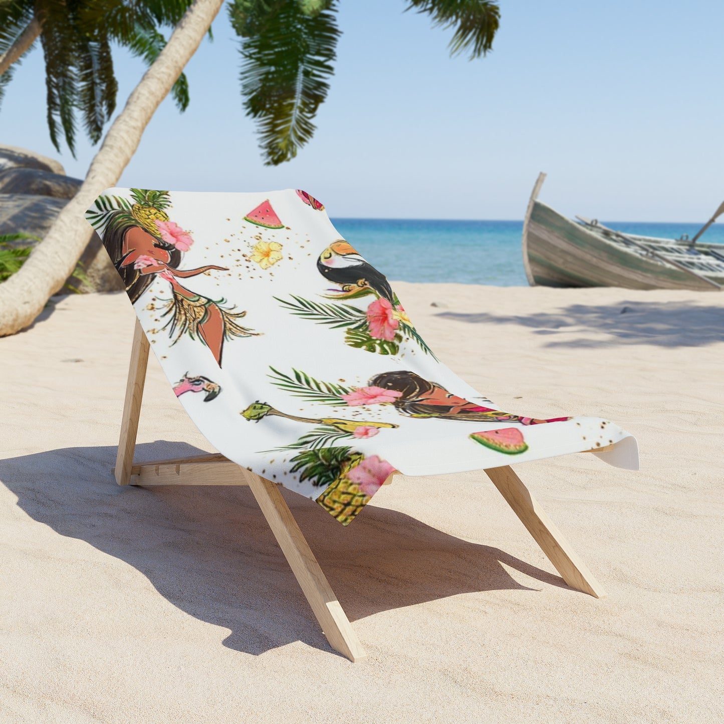 Tropical Paradise Beach Towel - Vibrant Floral & Hula Girl Design