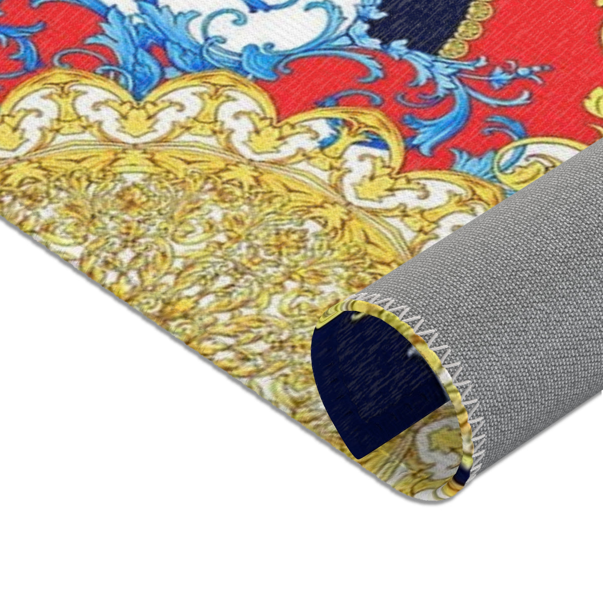 Baroque Scroll Area Rug — Red, Blue & Gold Ornate Accent Rug