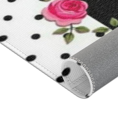 Polka Dot Rose Area Rug — Black & White Vintage Floral Accent Rug