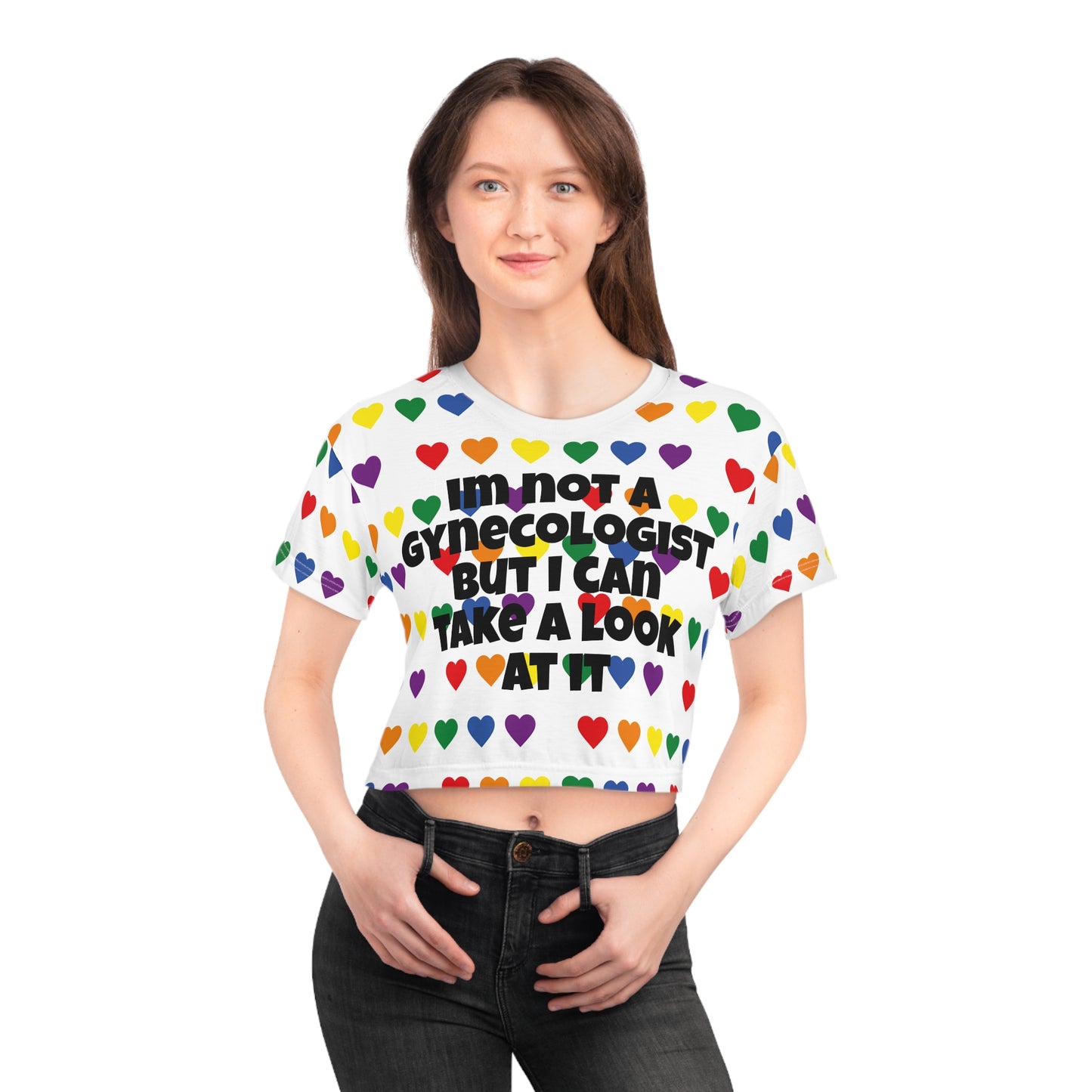 “I’m not a gynecologist” Colorful Heart Print Crop Tee - Fun Graphic T-Shirt, Pride Apparel, Casual Summer Wear, Gift for Friends, Festival Outfit