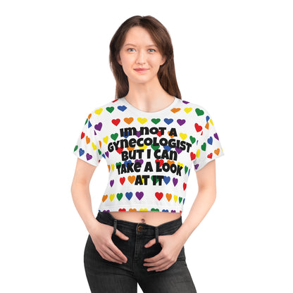 “I’m not a gynecologist” Colorful Heart Print Crop Tee - Fun Graphic T-Shirt, Pride Apparel, Casual Summer Wear, Gift for Friends, Festival Outfit