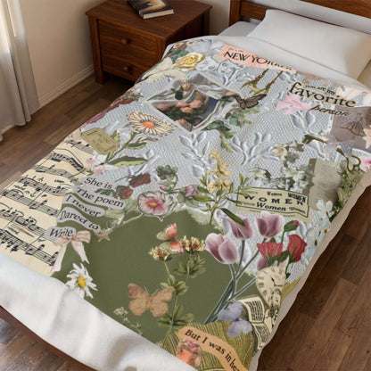 Velveteen Plush Blanket — Vintage Floral Collage Throw
