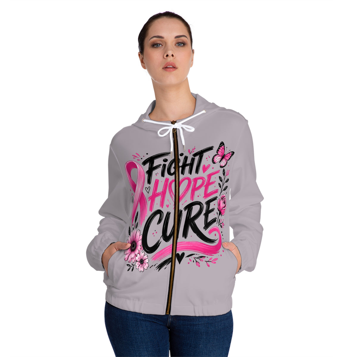 Breast Cancer Awareness Zip Hoodie — "Fight Hope Cure" Pink Ribbon Design