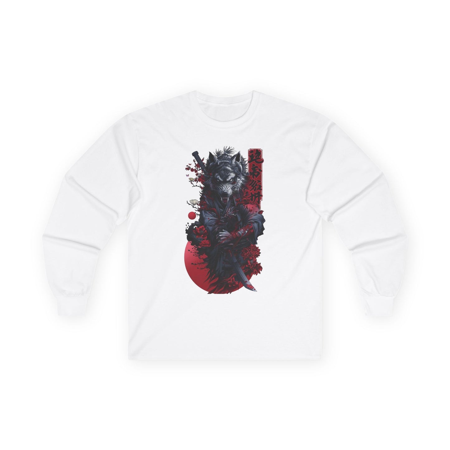 Samurai Wolf Long Sleeve Tee — Japanese Ink Red Moon Graphic