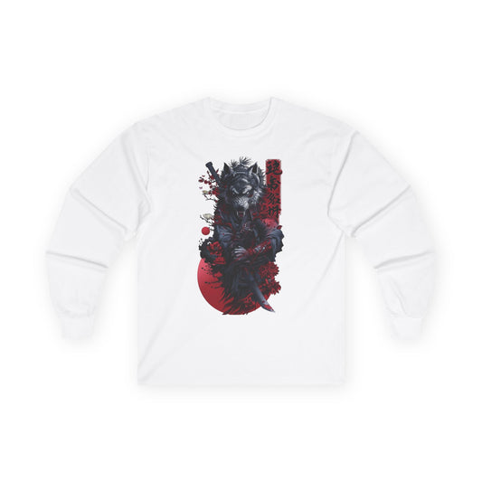 Samurai Wolf Long Sleeve Tee — Japanese Ink Red Moon Graphic