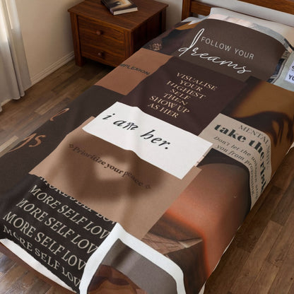 Inspirational Collage Velveteen Plush Blanket — "I Am Her" Self-Love Throw