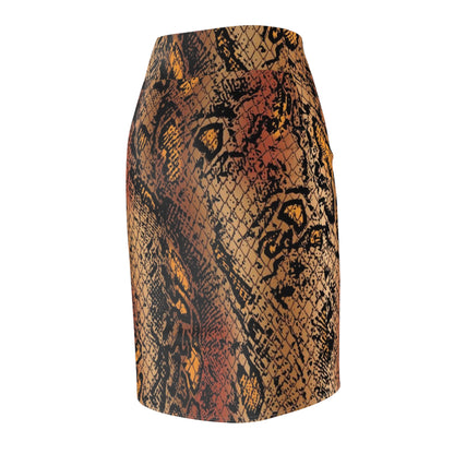 Snake Print Pencil Skirt — Brown & Rust All-Over Pattern