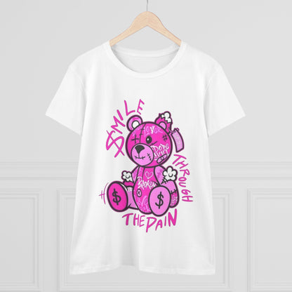 Smile Through The Pain Teddy Bear Tee — Pink Graphic Women's Cotton Shirt