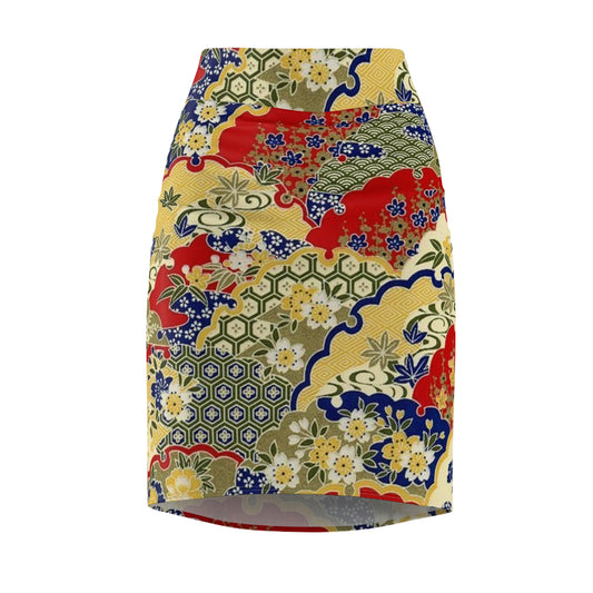 Vibrant Floral Women's Pencil Skirt - Elegant Japanese Design