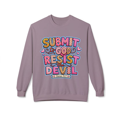 Crewneck Sweatshirt — "Submit to God, Resist the Devil" Colorful Faith Graphic