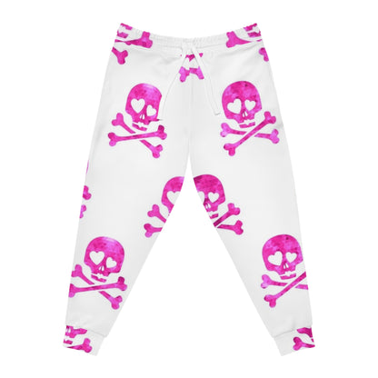 Pink Heart Skull Joggers — Women’s Athletic Sweatpants with Funky Skull & Crossbones Pattern