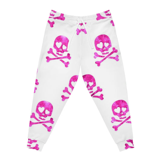 Pink Heart Skull Joggers — Women’s Athletic Sweatpants with Funky Skull & Crossbones Pattern