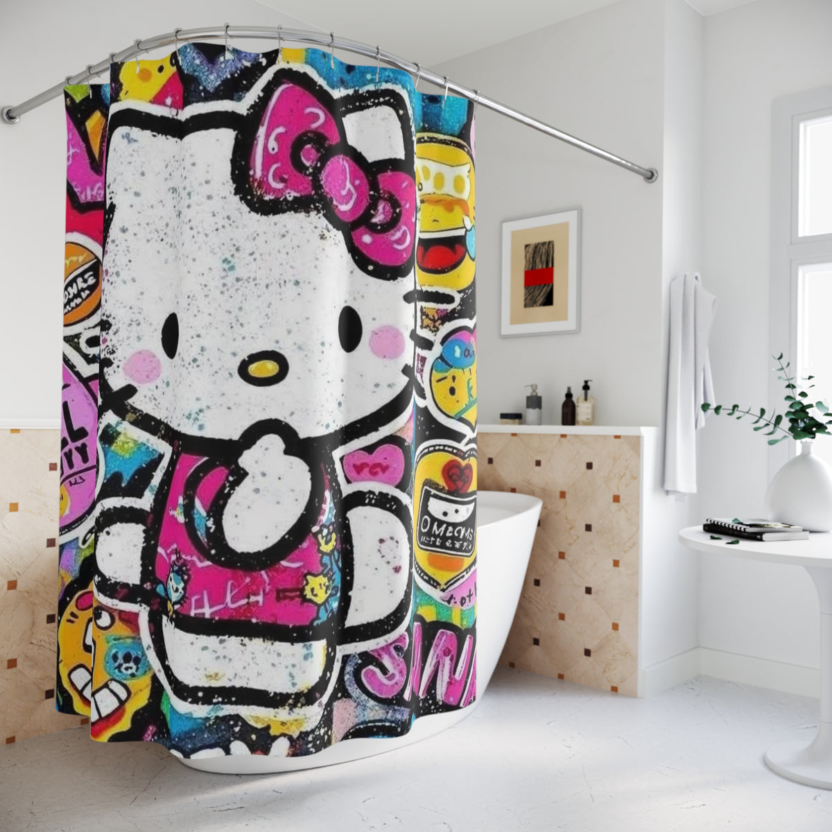 Hello Kitty Graffiti Shower Curtain — Colorful Street Art Bath Decor