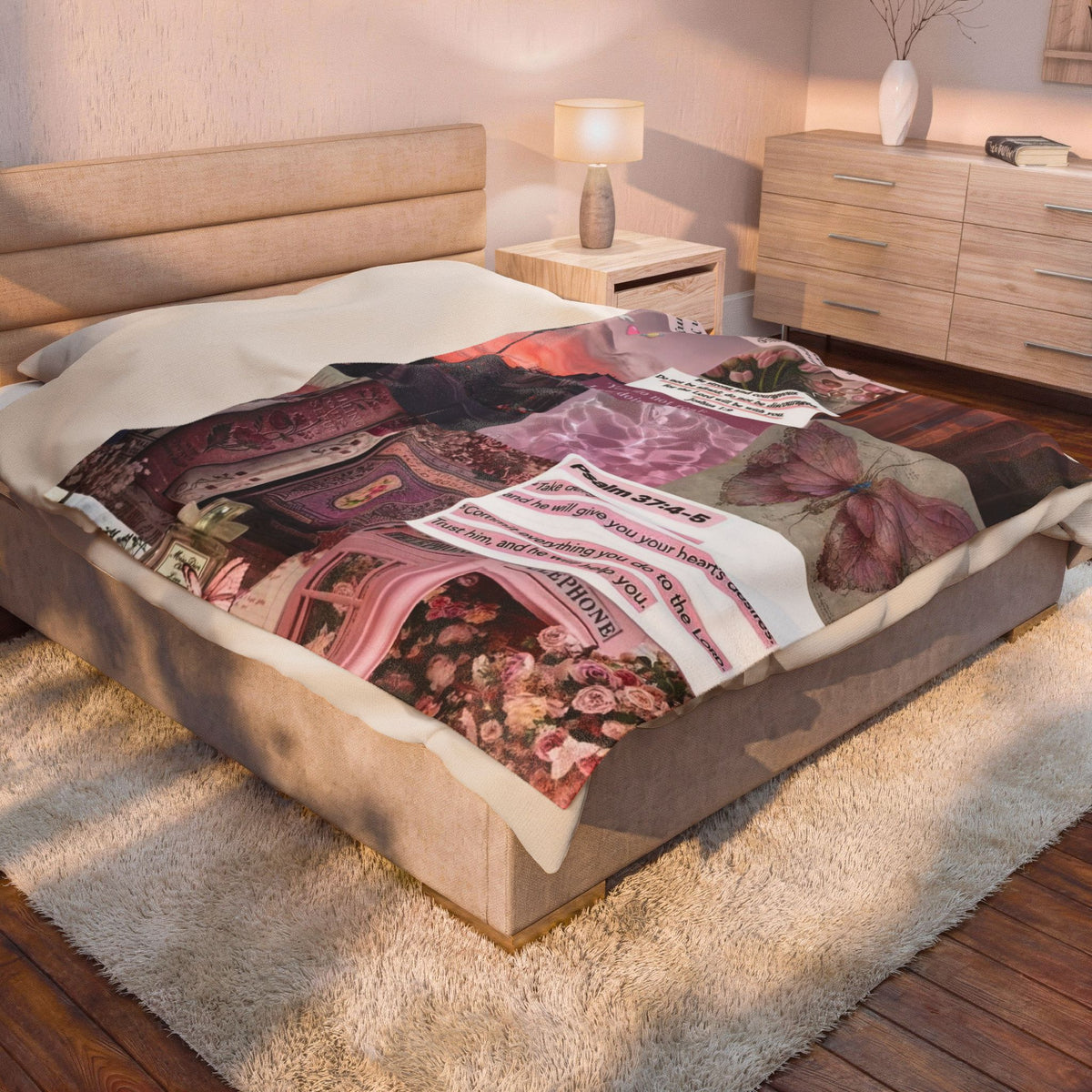 Velveteen Plush Blanket — Pink Vintage Butterfly Collage with Psalm 37:4-5