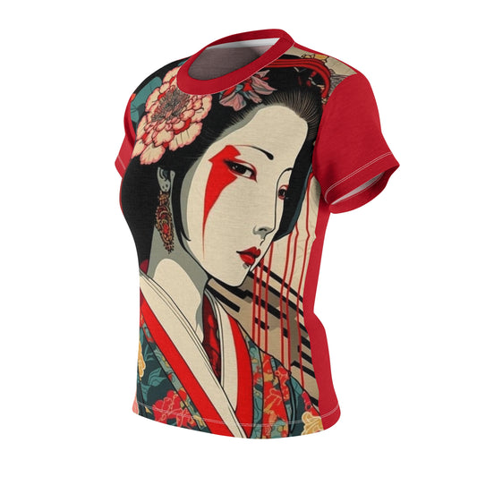 Geisha-Inspired Women's Tee - Vibrant Floral Design for Art Lovers