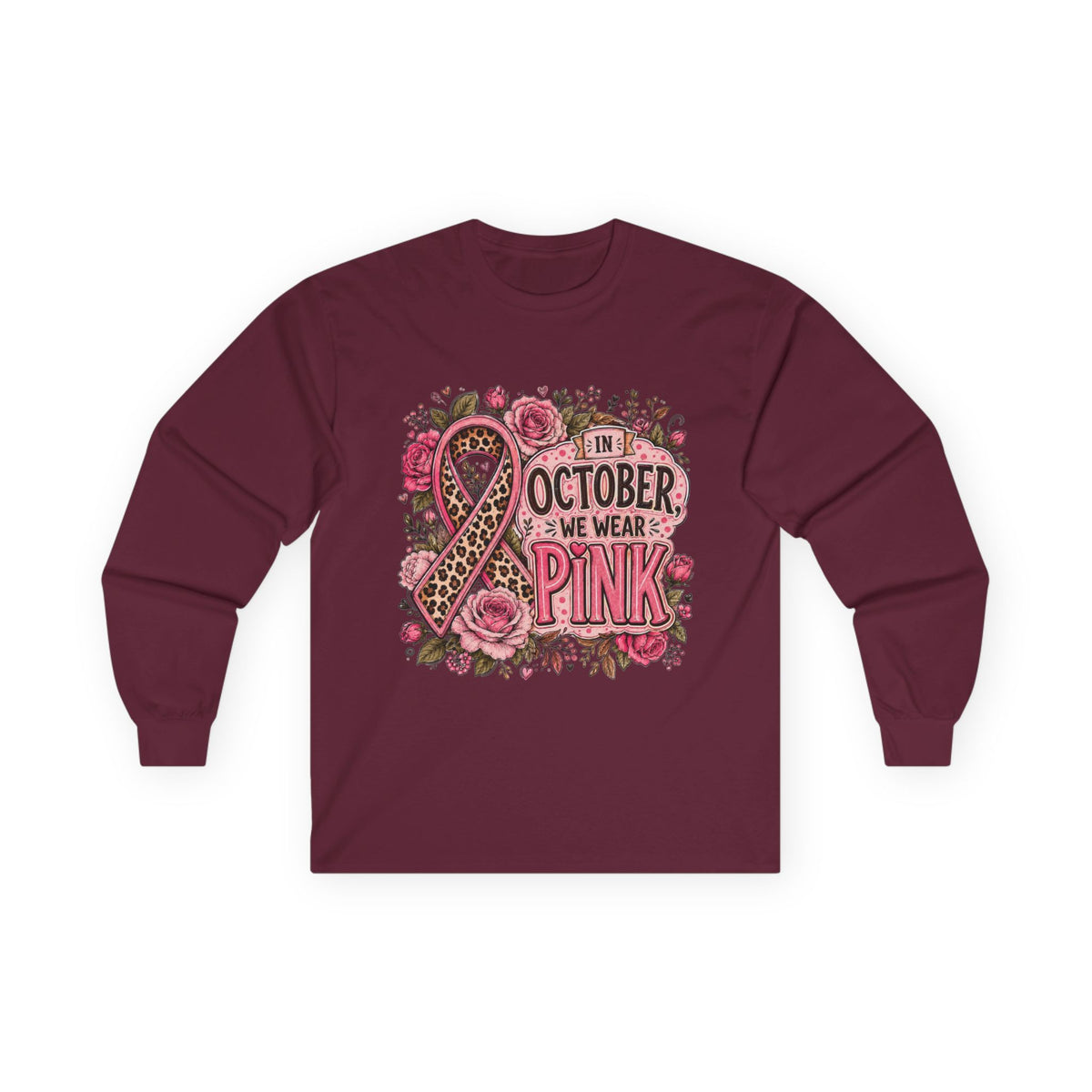 Breast Cancer Awareness Long Sleeve Tee — "In October We Wear Pink" Floral Ribbon