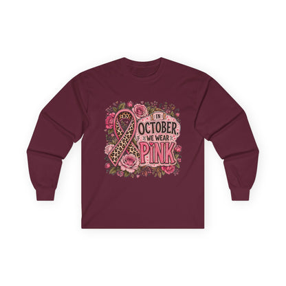 Breast Cancer Awareness Long Sleeve Tee — "In October We Wear Pink" Floral Ribbon