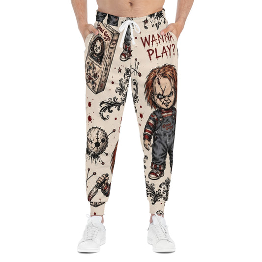 Chucky “Wanna Play?” Horror Joggers — All-Over Print Creepy Doll Sweatpants