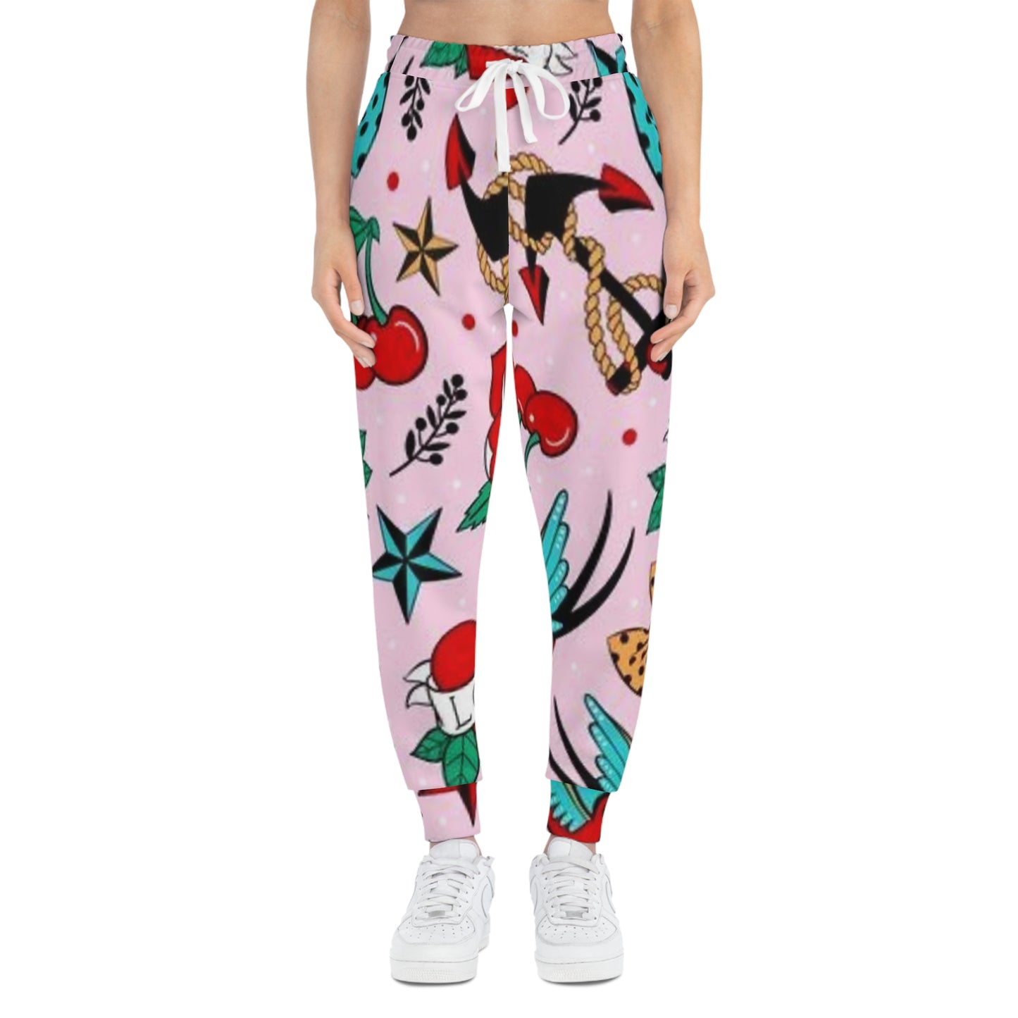 Retro Tattoo Print Joggers — Pink Cherry & Anchor Athletic Pants